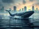 A large Bitcoin whale swimming calmly through a stable crypto market, representing the resilient Bitcoin price despite a massive sale.