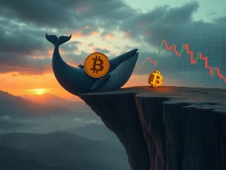 Bitcoin price chart showing a downtrend, with a large whale pushing it towards a critical Bitcoin support level.