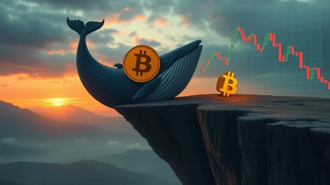 Bitcoin price chart showing a downtrend, with a large whale pushing it towards a critical Bitcoin support level.