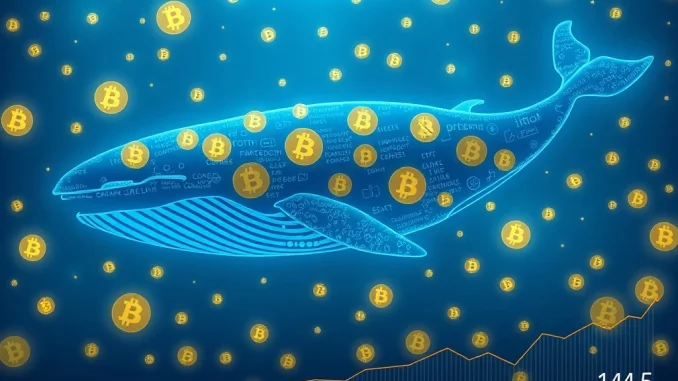 Bitcoin whale emerging from blockchain ocean representing large BTC sale