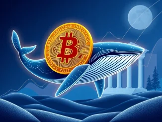 A digital whale transferring Bitcoin, symbolizing significant Bitcoin whale activity and its role in enhancing market stability through institutional partnerships.