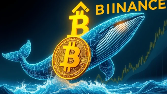 A powerful digital whale propelling Bitcoin upwards, symbolizing the recent Bitcoin price surge led by Binance whales in the crypto market.