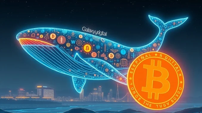 Visualizing a massive Bitcoin whale transfer of 4,400 BTC moving into Galaxy Digital, highlighting significant crypto market activity.