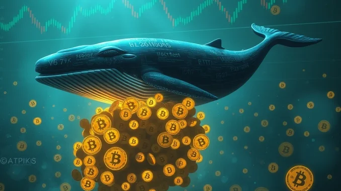 An abstract depiction of a large Bitcoin whale transferring 2,000 BTC, symbolizing significant market activity and long-term Bitcoin holding.