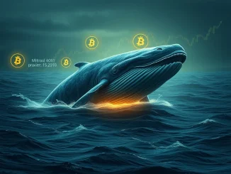 A Bitcoin whale stirs, representing the monumental 395,600x profit from a 14-year dormant Bitcoin investment.