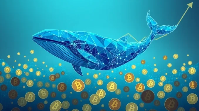 A large digital whale, representing Bitcoin whales, accumulating BTC during a market dip, highlighting the dip buying Bitcoin trend.