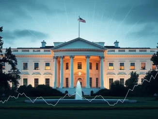 A visual representation of the White House influencing the cryptocurrency market, highlighting the impact of the upcoming White House crypto report on Bitcoin and Ethereum.