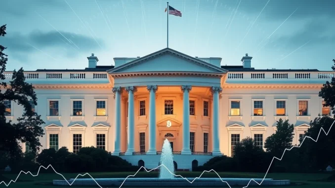 A visual representation of the White House influencing the cryptocurrency market, highlighting the impact of the upcoming White House crypto report on Bitcoin and Ethereum.