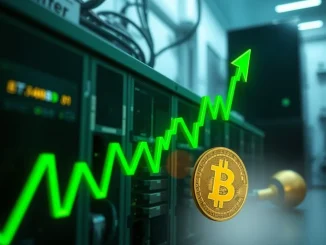 A green stock chart arrow pointing upwards over a Bitcoin mining rig, symbolizing Bitfarms' impressive stock surge after its share buyback.