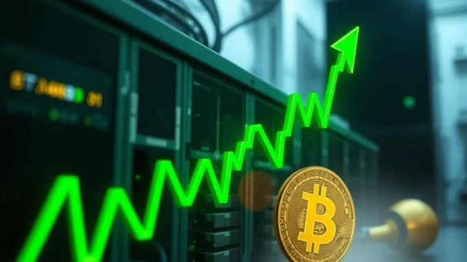 A green stock chart arrow pointing upwards over a Bitcoin mining rig, symbolizing Bitfarms' impressive stock surge after its share buyback.