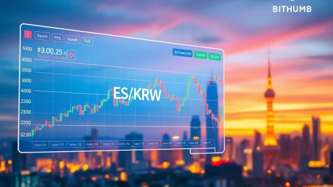 A visual representation of Bithumb's platform, highlighting the new ES/KRW spot trading pair listing, signaling new opportunities for the South Korean crypto market.