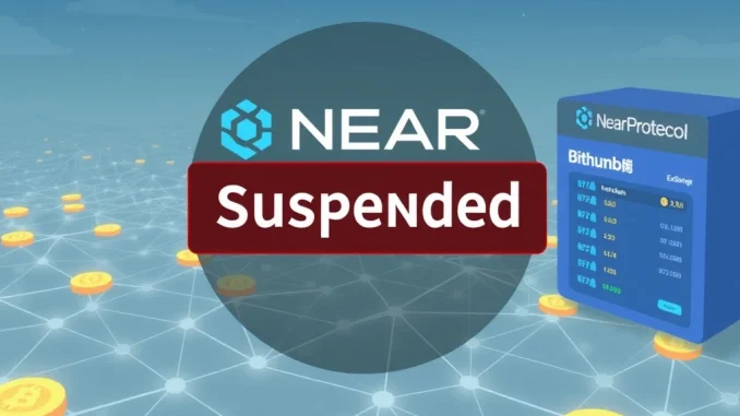 Bithumb crypto exchange logo alongside the NEAR Protocol symbol, indicating a temporary suspension of NEAR deposits and withdrawals for a network update.