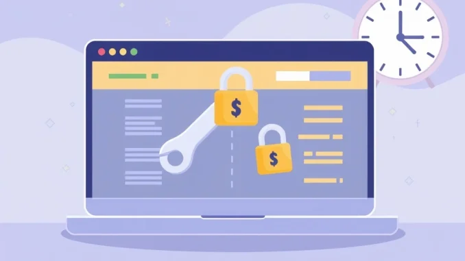 Illustration of Bithumb system upgrade maintenance, showing gears and a digital lock, ensuring enhanced security and performance for users.