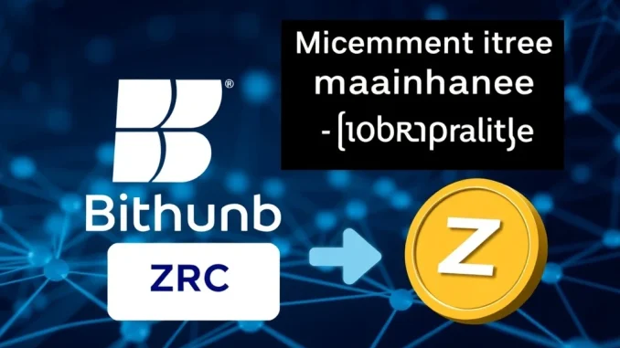 A digital depiction of the Bithumb exchange logo with ZRC token symbol, indicating a temporary deposit withdrawal suspension for a network upgrade.