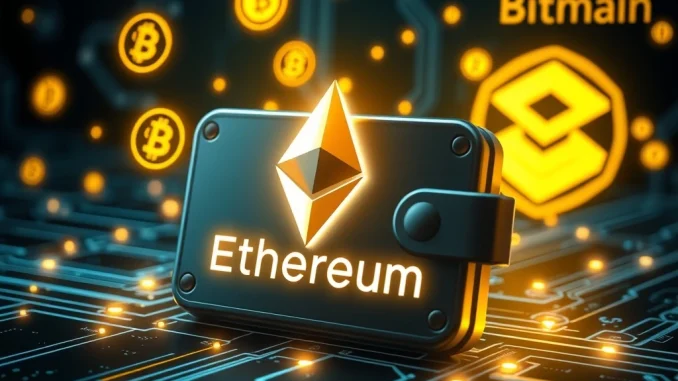 Illustrates Bitmain's significant Ethereum acquisition, showing digital wallets with ETH symbols, representing a major institutional crypto investment.