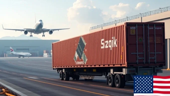 Cargo containers filled with Bitmain Bitcoin mining parts arriving in the US, representing a strategic move to avoid tariffs.