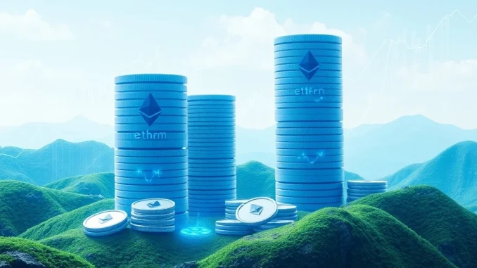 A digital visualization representing Bitmine's substantial Ethereum (ETH) accumulation, showing a growing stack of coins and market data.
