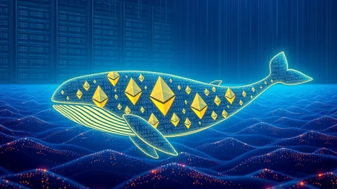 A digital whale composed of Ethereum logos, representing the monumental BitMine ETH purchase and significant ETH acquisition.