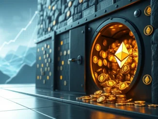 A secure digital vault overflowing with Ethereum (ETH) symbols, representing BitMine Immersion's massive ETH holdings and their impact on institutional crypto.