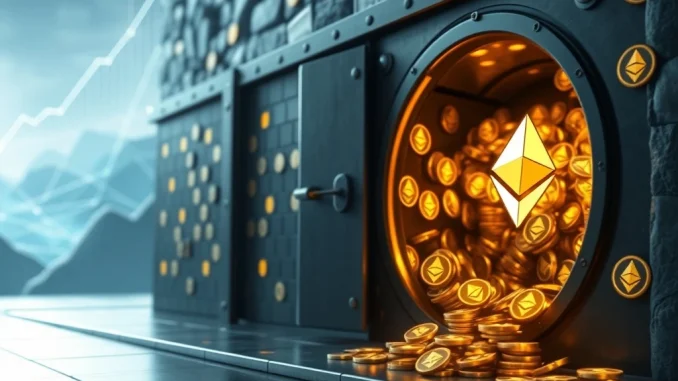 A secure digital vault overflowing with Ethereum (ETH) symbols, representing BitMine Immersion's massive ETH holdings and their impact on institutional crypto.