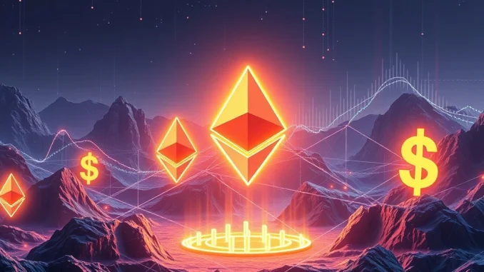 An illustration depicting Bitmine Immersion's monumental $4.5 billion Ethereum acquisition strategy, showing ETH symbols and financial growth.