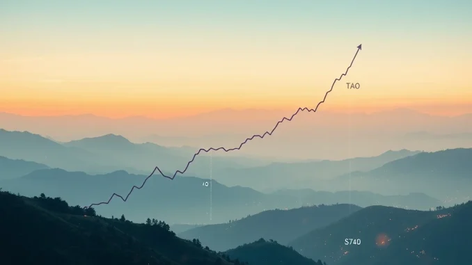 A digital chart showing Bittensor TAO price action with an upward trend, symbolizing a potential crypto breakout towards the $740 target.