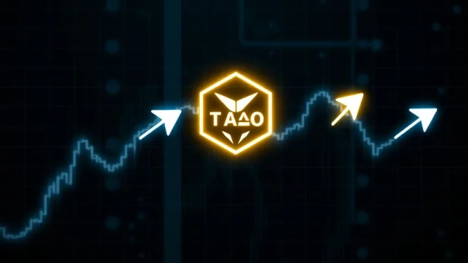 A chart illustrating Bittensor (TAO) price moving sideways, reflecting market indecision and a decline in trading volume.