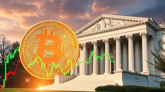 A digital chart with cryptocurrency symbols and the SEC logo, symbolizing the groundbreaking SEC approval of the Bitwise ETF.