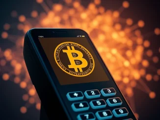 A digital payment terminal displaying the Bitcoin logo, symbolizing Block's new feature allowing sellers to accept Bitcoin payments, boosting crypto adoption.