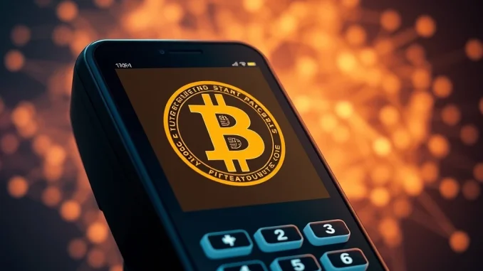 A digital payment terminal displaying the Bitcoin logo, symbolizing Block's new feature allowing sellers to accept Bitcoin payments, boosting crypto adoption.