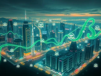 An intricate network illustrating blockchain's transformative impact on the 2025 economy through AI integration and sustainable energy solutions.