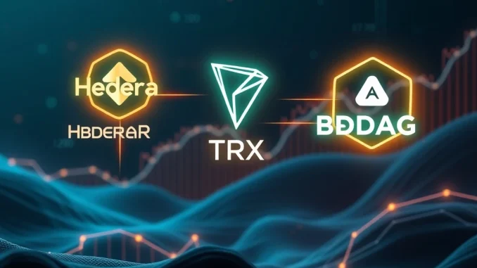 Visualizing the transformative impact of Hedera HBAR, Tron TRX, and BlockDAG on blockchain innovation and the future of cryptocurrency.