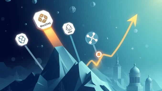 Visualizing BlockDAG, Solana, XRP, and BONK as ascending crypto leaders in 2025, driven by market momentum and innovation.