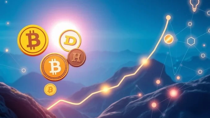 A visual representation of BlockDAG's rapid ascent, alongside other cryptocurrencies like Dogecoin and XRP, symbolizing market growth and innovation.
