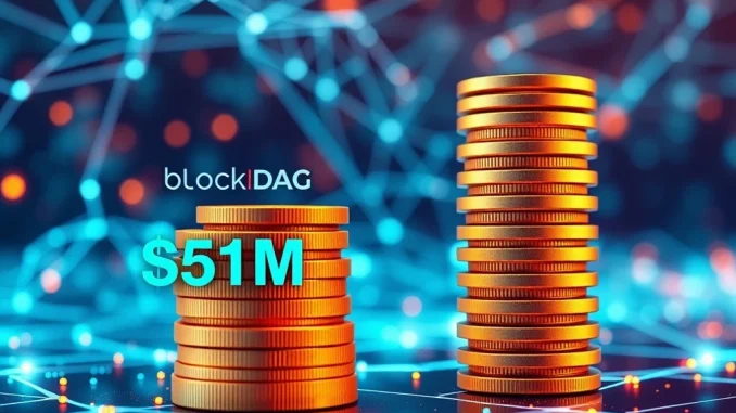 A dynamic visual representing BlockDAG's rapid growth and successful crypto presale, contrasting with Cardano's steady but slower trajectory.