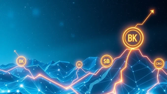 Visualizing the dramatic surge of BlockDAG and the upward momentum of Ethereum, Kaspa, and Worldcoin in the crypto market.
