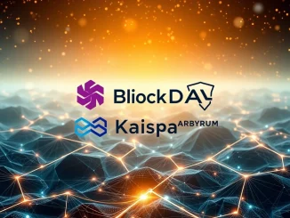 A visual representation of BlockDAG, Kaspa KAS, and Arbitrum logos interconnected, symbolizing their collaborative growth in the blockchain landscape.