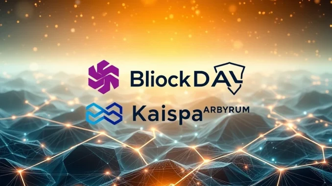 A visual representation of BlockDAG, Kaspa KAS, and Arbitrum logos interconnected, symbolizing their collaborative growth in the blockchain landscape.