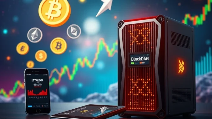 A visual representation of BlockDAG's mining technology impacting the cryptocurrency market, with Litecoin and Ethereum symbols indicating market movements.