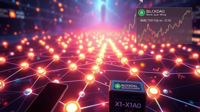 Visualizing BlockDAG's innovative X1-X10 crypto mining demo alongside BNB's ascent and HBAR crypto's critical support test.