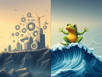 BlockDAG presale success visualized with upward trends, contrasting Neo Pepe's speculative meme coin volatility in the crypto market.