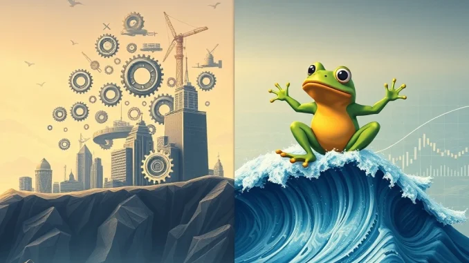 BlockDAG presale success visualized with upward trends, contrasting Neo Pepe's speculative meme coin volatility in the crypto market.