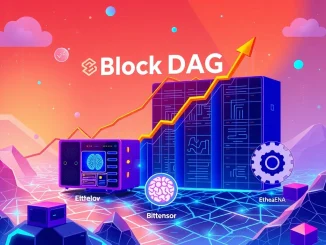 A vibrant digital illustration depicting BlockDAG's impressive crypto presale potential alongside the market movements of Bittensor TAO and Ethena ENA.