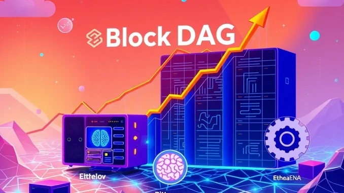 A vibrant digital illustration depicting BlockDAG's impressive crypto presale potential alongside the market movements of Bittensor TAO and Ethena ENA.