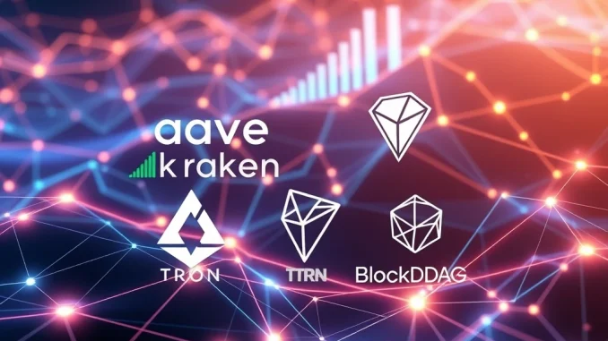 A dynamic visual representing the BlockDAG Presale's significant ROI alongside Aave's Kraken partnership and Tron TRX Price movements, symbolizing growth in the crypto market.