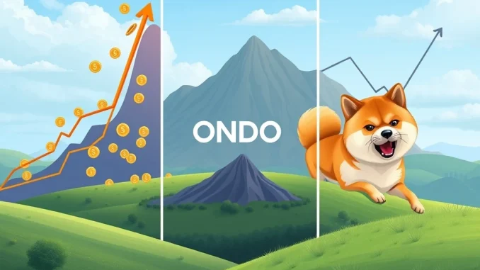 A dynamic visual representing BlockDAG's surging presale, ONDO's stability, and SHIB's market dip, illustrating diverse crypto market trends.