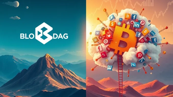 BlockDAG presale success depicted by a rising graph, contrasting with a volatile Bitcoin meme coin cloud, symbolizing differing crypto fundraising strategies.