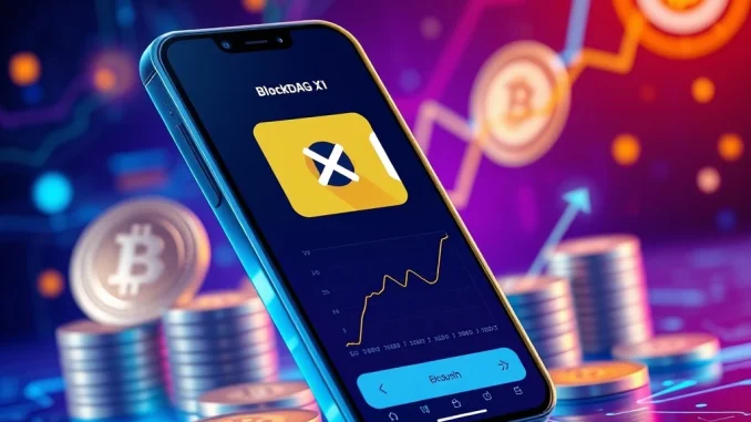 BlockDAG X1 app on a smartphone showing crypto mining and 3025 ROI potential
