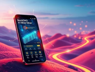 A smartphone running the BlockDAG X1 Miner app, symbolizing rapid user growth and high crypto presale ROI, contrasting with traditional blockchain processes.