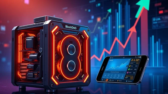 A BlockDAG X10 Miner rig connected to a phone, symbolizing high Cryptocurrency ROI and mobile crypto mining.